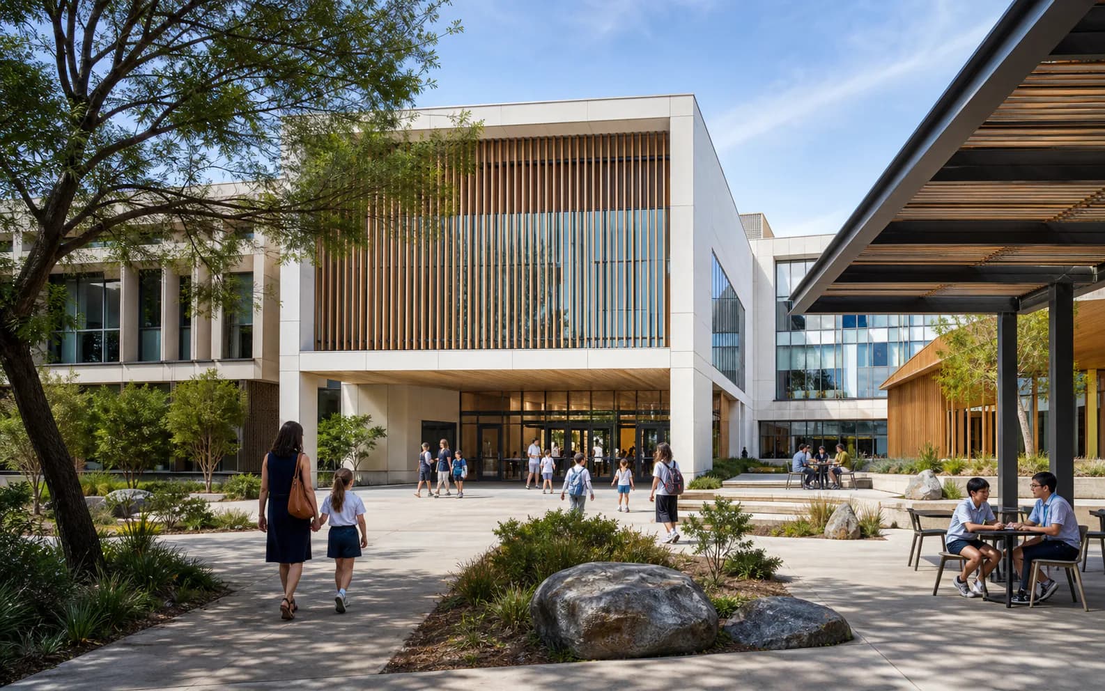Students and families walking through Horizon's landscaped campus courtyard