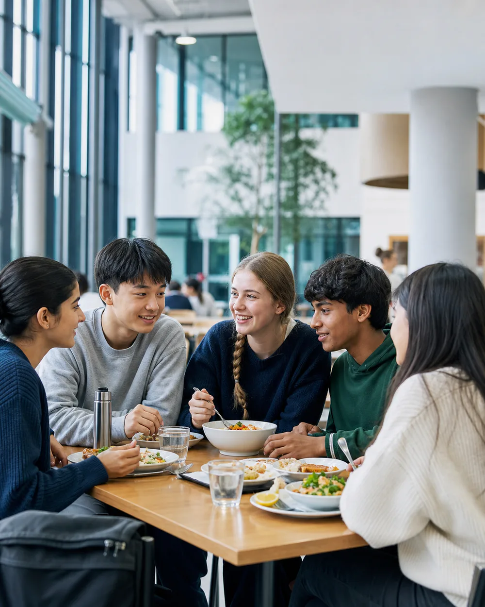 A multicultural group of students sharing lunch in the campus commons