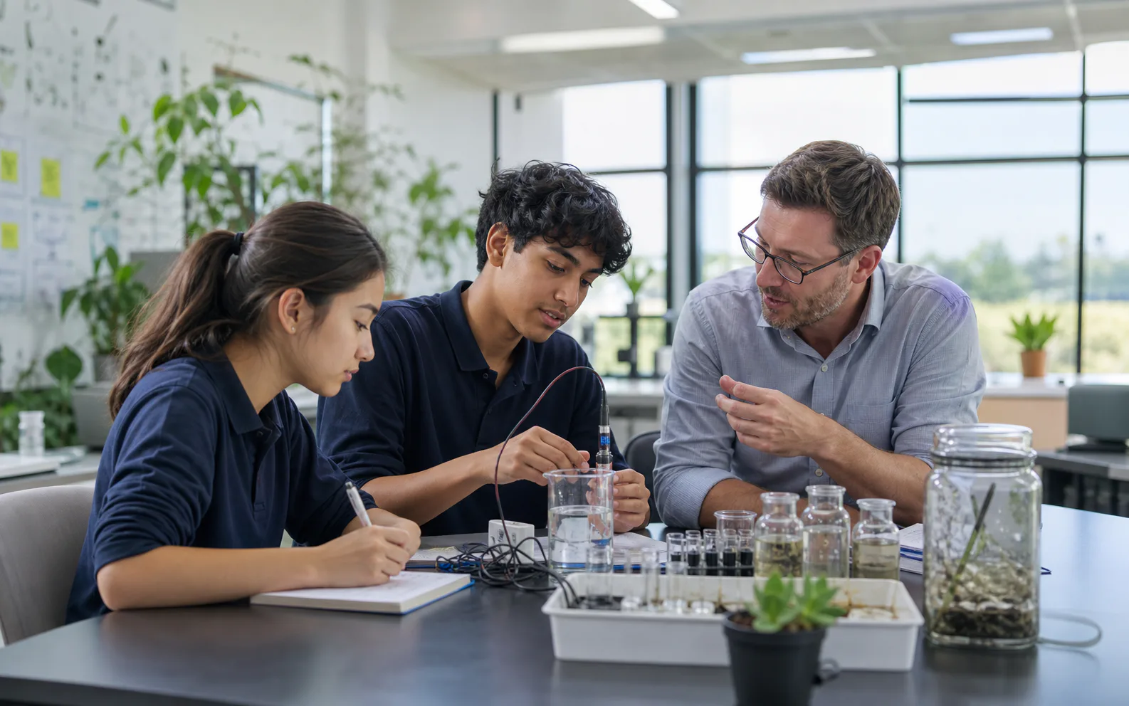 Two senior students and a teacher testing a water quality sensor